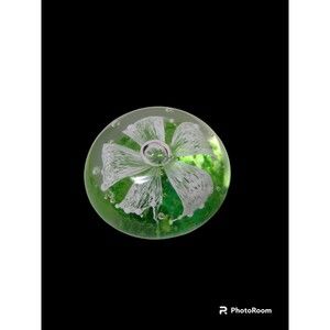 Vintage Hand Blown Glass Delicate White Flower W/ Controled Bubbles, Green Base